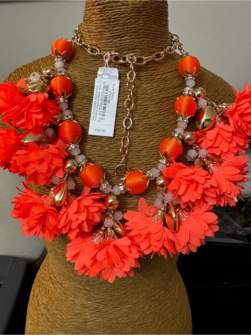 Lilly Pulitzer Neon Coral Floral Bib Necklace